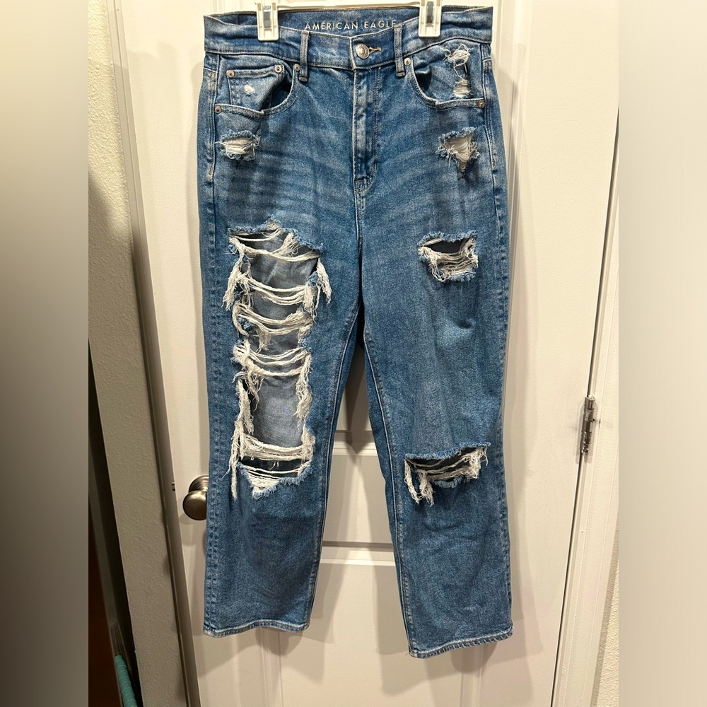 American Eagle ripped highest rise boyfriend jeans. Size 10 regular